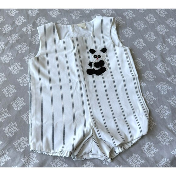VTG 70s Baby Boy Jon Jon Romper Playsuit Stripe Panda Bear Size L Philippines - Picture 1 of 8
